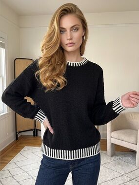 Kirundo Black Oversized Knit Sweater White Stripe Trim Crewneck Womens Medium N
